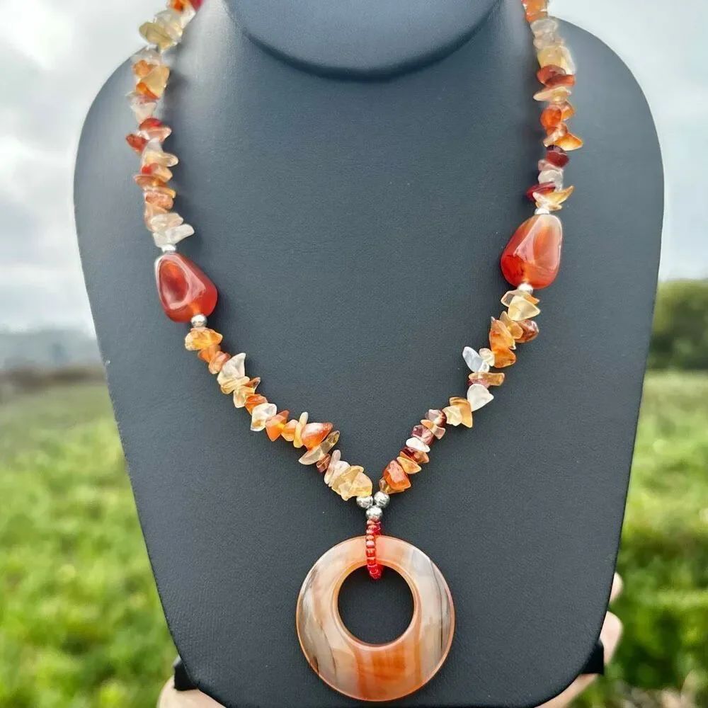 Carnelian & Agate Gemstone Chip Necklace with Banded Agate Donut Pendant